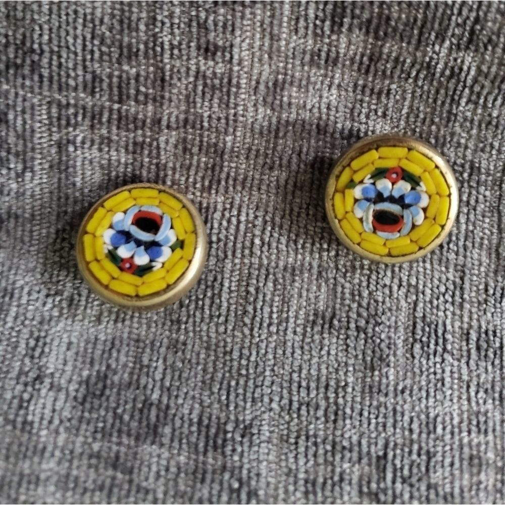 Pretty Vintage Gold Tone Micro Mosaic Earrings
